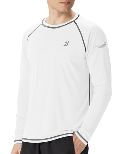 Roadbox Mens Sun Protection Swim Shirt, Long Sleeve UPF 50+ Rash Guard, Quick-Dry Fishing Shirts for Beach Surfing Hiking White