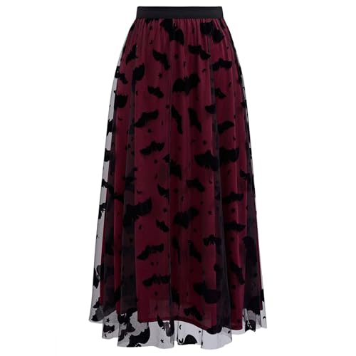 CHICWISH Women's Burgundy Tulle Tutu Skirt Velvet Bats Elastic Waist Halloween Party Layered Mesh Midi Skirt Halloween Costumes