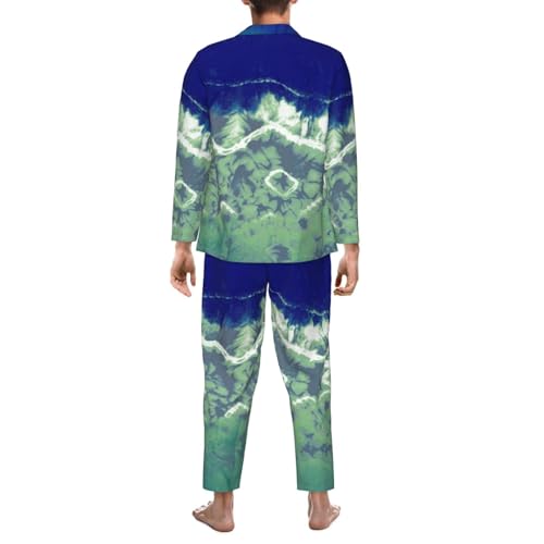 Blue And Green Tie-Dye Mens Pajamas Set Button Down Sleepwear Set Long Sleeve Loungewear With Pockets2