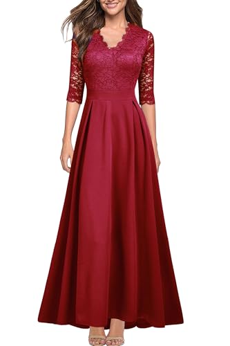 REPHYLLIS Women's V Neck Lace Vintage Formal Bridesmaid Wedding Long Dress Red