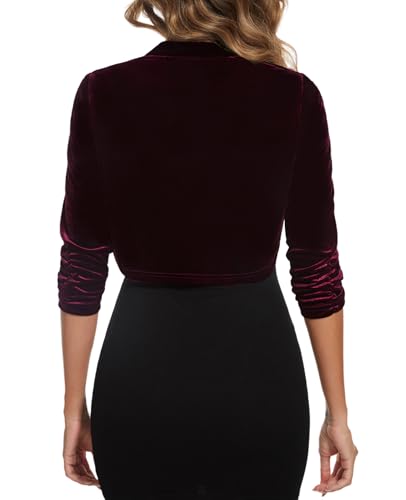 Image of MINTLIMIT Women's Velvet Bolero Shrug Top Ruched 3 /4 Sleeve Open Front Cocktail Party Cropped Cardigan for Dress