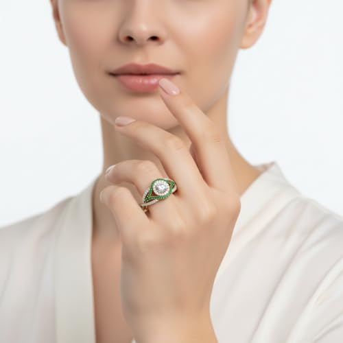 Image of Choose Your Gemstone Round Twisted Pave Double Halo Diamond CZ Ring Yellow Gold Plated Round Shape Double Halo Engagement Ring for Women, and Ladies US Size 4 to 12