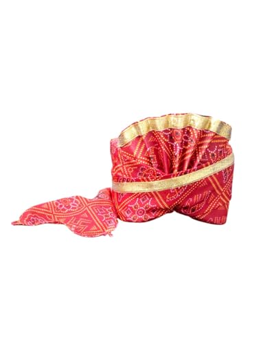 Image of BookMyCostume Traditional Rajasthani Safa & Barati Pagdi Collection - Pre-Stitched Ethnic Turbans, Bandhani /Leheriya Headwear For Weddings, Cultural Folk Dance & Festival Pagdi for Adults