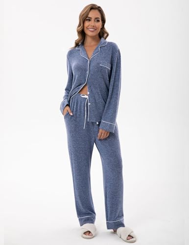 Image of UMBY Women's Silk Satin Pajama Sets, 2 Piece Silky Pjs Sets for Women, Soft Pajama Set with Long Sleeve Top and Pants Deep Blue
