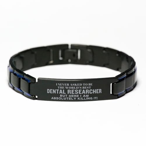 Christmas Dental Researcher Engraved Black Metal Bracelet for Men, I Never Asked to be The World's Best Dental Researcher but here I am Killing it! Adjustable Dental Researcher Birthday Graduatio