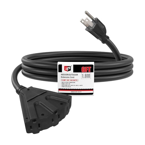 EP - Cable de extensión exterior de 1,8 m con 3 enchufes, cable negro SJTW con enchufe de 3 pines para mayor seguridad, ideal para luces de Navidad