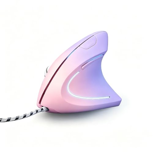 HXMJ Ergonomic Vertical Mouse Wired,USB Corded Optical Mice,7200DPI,Backilt,Right Handed Carpal Tunnel Mouse for Laptop,PC,Computer,Mac-Pink Purple - image 1