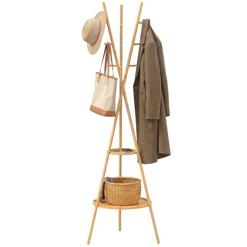 HOMCOM Perchero de Pie de Bambú, Perchero para Ropa con 2 Estantes y 9 Ganchos, Diseño Elegante, para Colgar Bolsas, Sombreros, en Pasillo, Entrada, Dormitorio, 58,5x58,5x176 cm, Natural