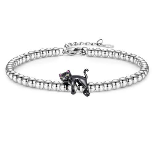 Cat Bracelet Gifts for Women Girls- Stainless Steel Lucky Black Cat Themed Jewelry Presents, Cat Lover Lady Mom Gifts Idea for Christmas Stocking Stuffer