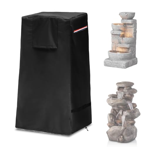 Garden Fountain Cover,Outdoor Heavy Duty Waterproof Dustproof Winter Cover for Cascading Bowls and Stacked Stones Water Fountain with Zipper and Drawstring.(Black,18.5