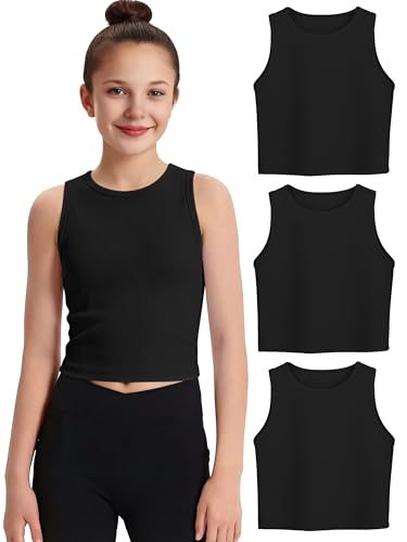 Poroka 3 Packs Girls Tank Tops Sleeveless Athletic Ribbed Knit Crop Tops Basic Camisole for Kids 5-14Y Black Black Black
