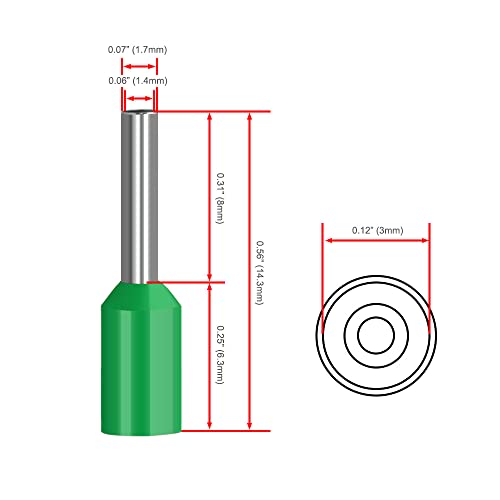 Heschen Cord End Terminal, E1008, AWG18 / 1.0mm², Wire Copper Crimp Connector, Vinyl Insulated, Green, Pack of 1000 - Image 3