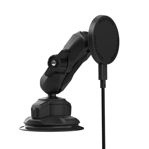 Rokform Wireless Car Charger, Magnetic Windshield Phone Mount, Twin Ball Adjustment 360° Rotation, Compatible with Mag Safe Cases, Strong Suction Cup, USB-C to USB-C Cable Included (Black)