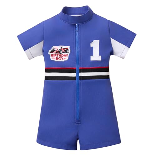 IWEMEK Baby Boy Race Car Driver Jumpsuit 1st 2nd Birthday Cake Smash Outfit Kids Racing Suit One Piece Racer Romper, Blue 1st, 9-12 Months