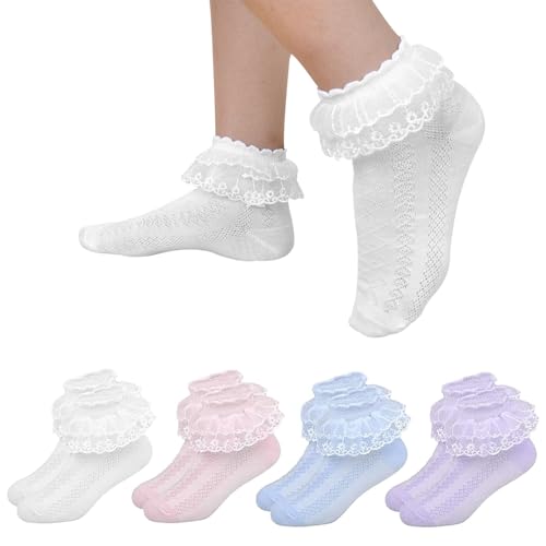 SXCCNW Rüschen Spitze, 8 Pack Socken Elastisch Söckchen, Mädchen Socken, Lace Socken, Rüschen Spitze Taufe Socken fürPartykostüm Abschlussball 4-6 Jahre
