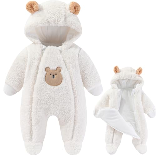 Image of Fairy Baby Newborn Baby Winter Snowsuit Bear Thick Romper Footie Double Zip Hooded Jumpsuit Fleece Coat Infant Boy Girl 0-12M