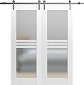 VDOMDOORS Modern Double Barn Door 72 x 84 inches with Opaque Glass 4 Lites/Mela 7222 White Silk/Stainless Steel 13FT Rail Track Set/Solid Panel Interior Doors