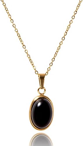 PEPELUALI 16" Handmade 18K gold Vintage Black Onyx Pendant Necklace, Oval black glaze energy healing crystal pendant necklace jewelry, Inspirational Gifts for Women, Mom, Sister