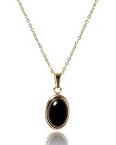 PEPELUALI 16" Handmade 18K gold Vintage Black Onyx Pendant Necklace, Oval black glaze energy healing