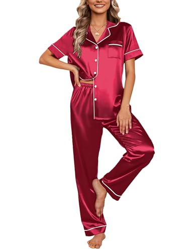 Image of Ekouaer 2 Piece Satin Short Sleeve Pajamas Set Button Down Sleepwear | Soft Pjs Set Classic Loungewear for Wedding, Party, Home, Daily Wear, Date Nights