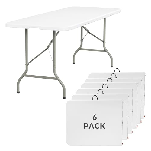 Elevon 6FT Folding Tables – Heavy Duty Portable Foldable Table with Built-in Handle, 300 lb Capacity – Ideal for Events, Parties, Crafts, Camping & Dining (6-Pack)