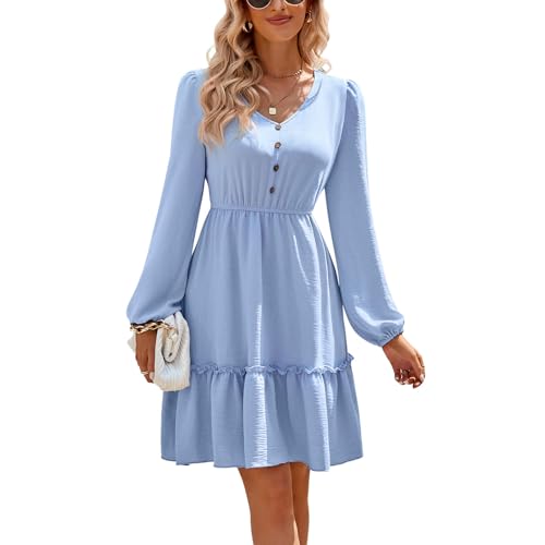 Robe Midi Plissée Col en V Ample Manches Longues Boutons Couleur Unie