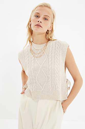 TRENDYOL Damen Crew Neck Plain Regular Vest Sweater, Stein, L EU