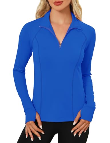 LOMON Athletic Crop Yoga Gym Shirts Slim Fit Tops Mock Neck Quarter Zip Pullover Slim Fit Compression Shirt Royal Blue S