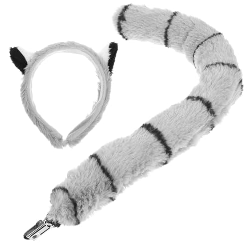 LRXIYODE Juego de Accesorios para Disfraz de Lemur para Mujer, Diadema Orejas de Lemur de Peluche y Rabo, Accesorio para Fiestas y Cosplay, Complemento de Disfraz Animal Divertido