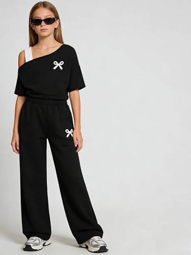 Image of Teen Girls Clothes Off the Shoulder Top and Wide Leg Pants Matching Outfit Set with Pockets Size 7-16