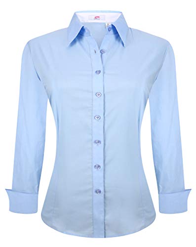 Esabel.C Womens Button Down Shirts Long Sleeve Regular Fit Cotton Stretch Work Blouse Blue L