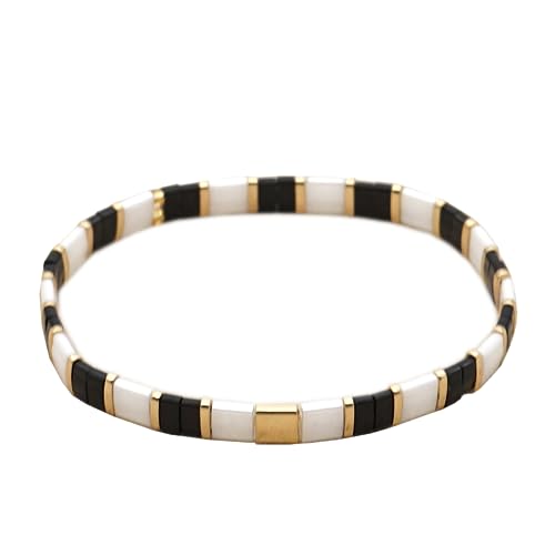 Sonateomber White Black Tila Flat Beads Stretch Strand Bracelet For Women Trendy Friendship Handmade Colorful Square Gold Beaded Miyuk Link Bracelets Stacking Friend Jewelry Gifts cover
