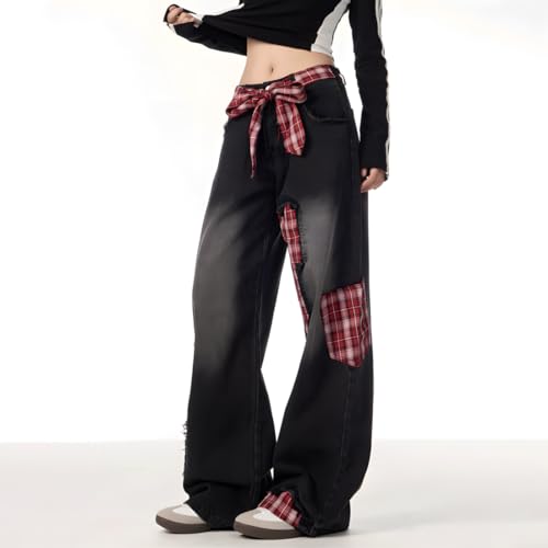 Gothic Y2K Grunge Kawaii Vintage Casual Straight Wide Leg Plaid Ribbon Applique Decor Denim Pants for Women4