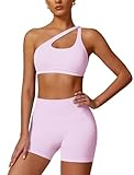 ABOCIW Workout Sets for Women 2 Piece Seamless High Waist Scrunch Butt Lifting Gym Shorts Cutout One Shoulder Sports Bra Yoga Outfits Seamless Light Pink XS
