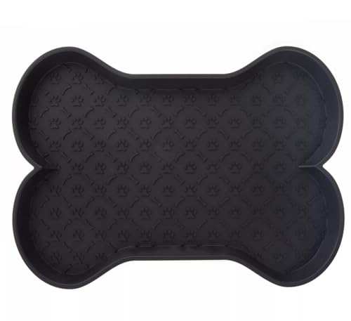 Image of Dog Bowl Mat Bone Shaped, Pet Food Placemat with Paw Print Pattern, Black