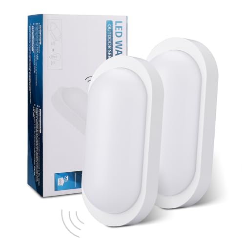 Oraymin 2 Stücke LED Wandleuchte Kellerlampe mit Bewegungsmelder Innen, 12W IP65 LED Wandlampe 1080LM, Feuchtraumleuchte Oval für Diele Garage Flur Balkon Treppe Carport Keller, 4000K, Weiß