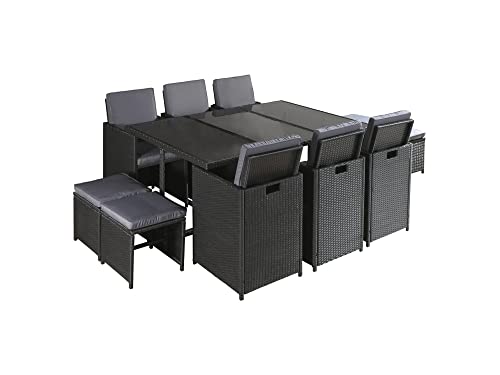 Best Mobilier - Salon de Jardin Encastrable Noir Fira - en Résine Tressée à la Main - Plateau en Verre Trempé - avec Housse de Protection - Coussins Déhoussables Beiges - 10 Places