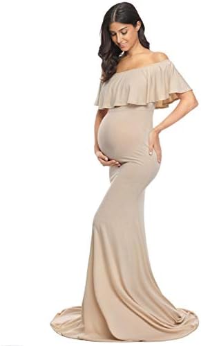 Glampunch Womens Off Shoulder Maternity Dress Ruffles Elegant Slim Gowns Fit Maxi Photography Dress Beige