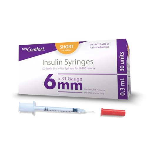 Image of SureComfort U-100 Insulin Syringes 31G x 1 /4 inch 3 /10cc (6 mm), For Diabetes Care, Box of 100