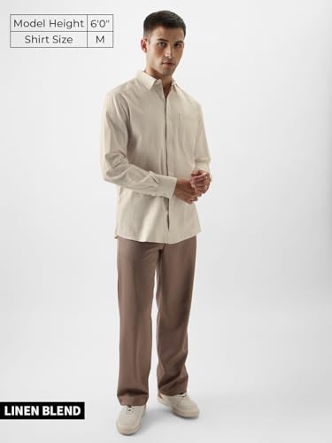 Image of The Souled Store Solid Linen: Beige Color Men and Boys Regular Outdoor Fit Full Sleeve Collared Neck Spread Collar Casual Wear Stylish Comfortable Premium Elegant Cotton Shirts