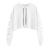YEBIRAL Bauchfrei Pullover Teenager Mädchen, Damen Pulli Oberteile Casual Destroyed Langarmshirt Sport Crop Tops Kapuzenpullover Hoodie Sweatshirt(S,Weiß)
