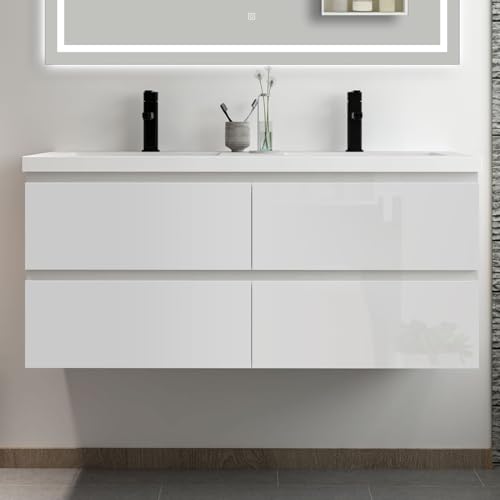 Acezanble Meuble Salle de Bain 120cm Blanc Brillant avec 4 tiroirs à Fermeture Automatique et Double lavabo