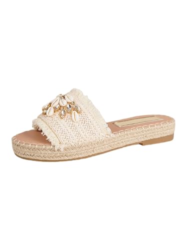 Women's Espadrille Slide Sandals, Beige Canvas with Frayed Edges, Ladies' flat sandals, shell and rhinestone decorations with exposed toes, straw woven shoes
