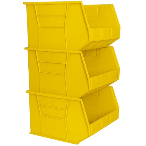 Image of Akro-Mils 30270 AkroBins Plastic Storage Bins, Space-Saving Stackable Bins for Garage, Pantry, Craft Organization, 18 inch x 16 inch x 11 inch, Yellow, 3-Pack