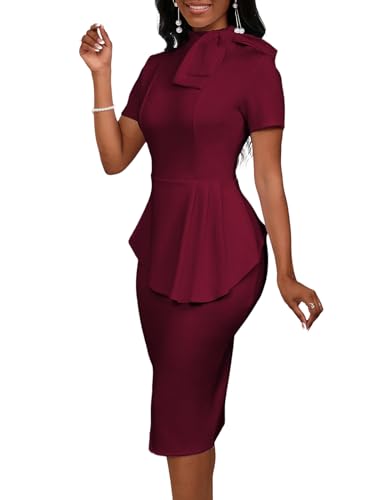 Image of WanMem Women Formal Bodycon Peplum Cocktail Dress Short Sleeve Bow Ruffle Pencil Party Midi Dresses