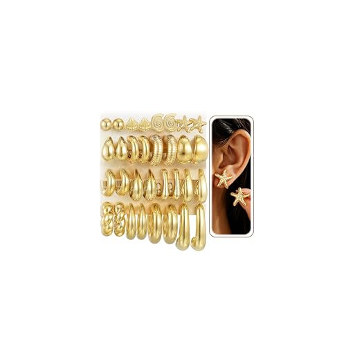 16 Pairs Starfish Chunky Gold Hoop Earrings Set for Women Beach Shell Style Stack Statement Earrings Hypoallergenic Lightweight Gold Plated Trendy Summer Jewelry Gift