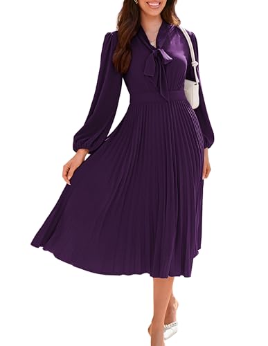 GRACE KARIN Cocktailkleid mit V-Ausschnitt für Damen Elegantes Plissee-Midikleid Vintage-Kleid mit Fliege für Die Arbeit Lila 36