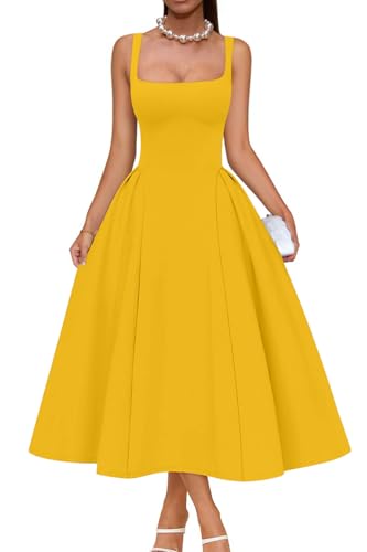 Image of Memoriesea Women's Elegant Square Neck Swing A Line Wedding Evening Party Midi Dress