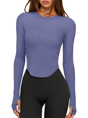LASLULU Long Sleeve Workout Tops for Women Cute Crewneck Gym Athletic Activewear Yoga Dance Cropped T Shirt Fall Outfits(Blue Nova Small)