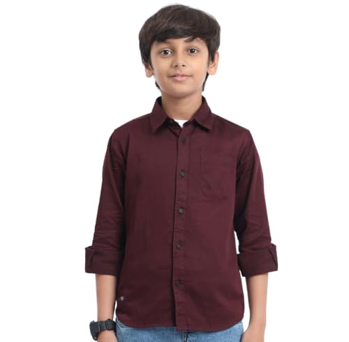 Image of Red Nine Rocket Science Boys' Solid Satin-Finish Poly Cotton Shirt | Single Pocket, Spread Collar, Long Sleeve, Casual